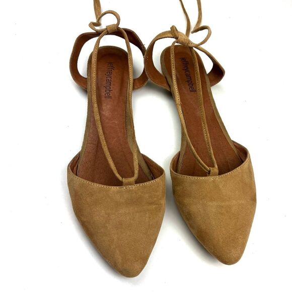 Jeffrey Campbell Amour Tassel Ankle Wrap Tan Suede Pointed Toe Flats size 7.5 - Picture 3 of 12